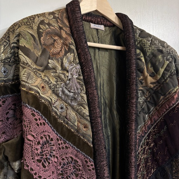 Vintage Crazy Quilt Patchwork Jacket Long Coat Velvet Lace Whimsigoth Handmade - Picture 2 of 16